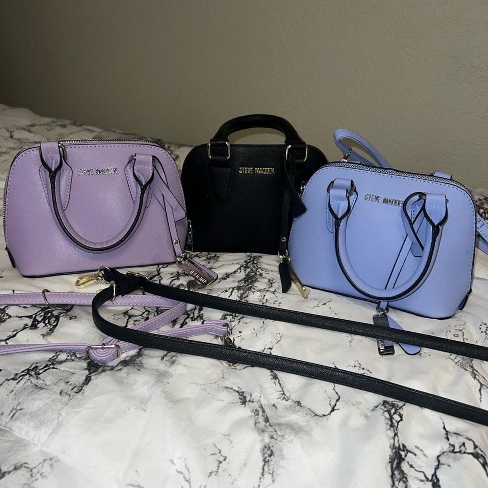Steve Madden handbags pastel blue, purple, and black